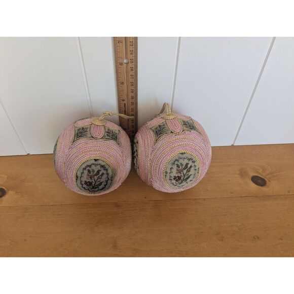 Vintage Embroidered Christmas Ball Ornaments - Needlepoint - Pink, Floral - Picture 5 of 6